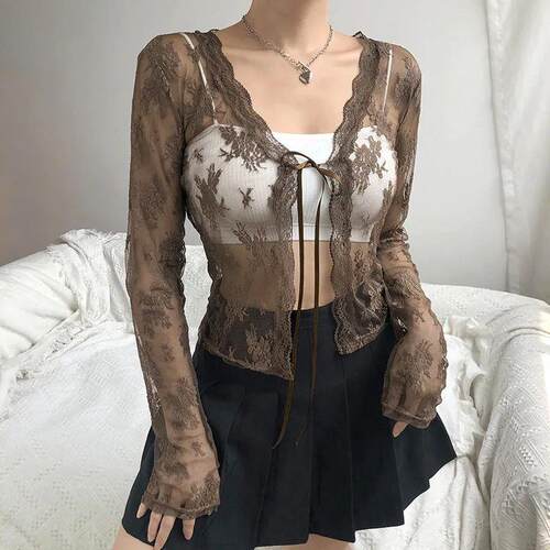 Women Sexy See Through Cardigans Y2K Long Sleeve Lace Mesh L