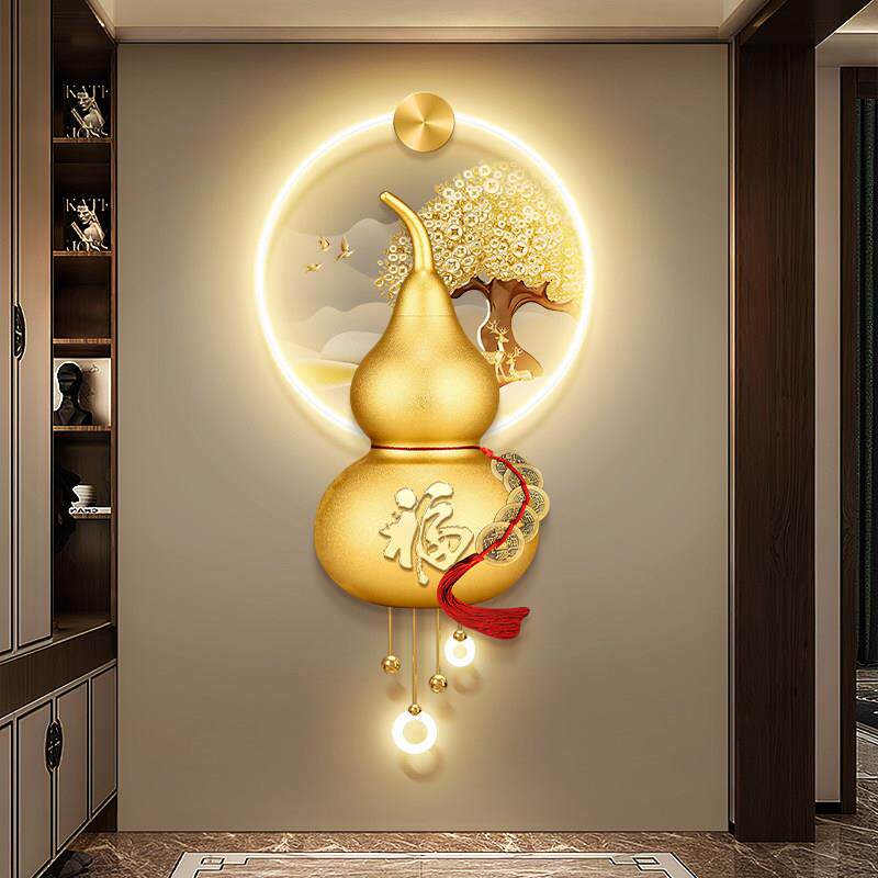 金色葫芦进门玄关装饰画五帝铜钱走廊过道挂画新中式福字壁画带灯