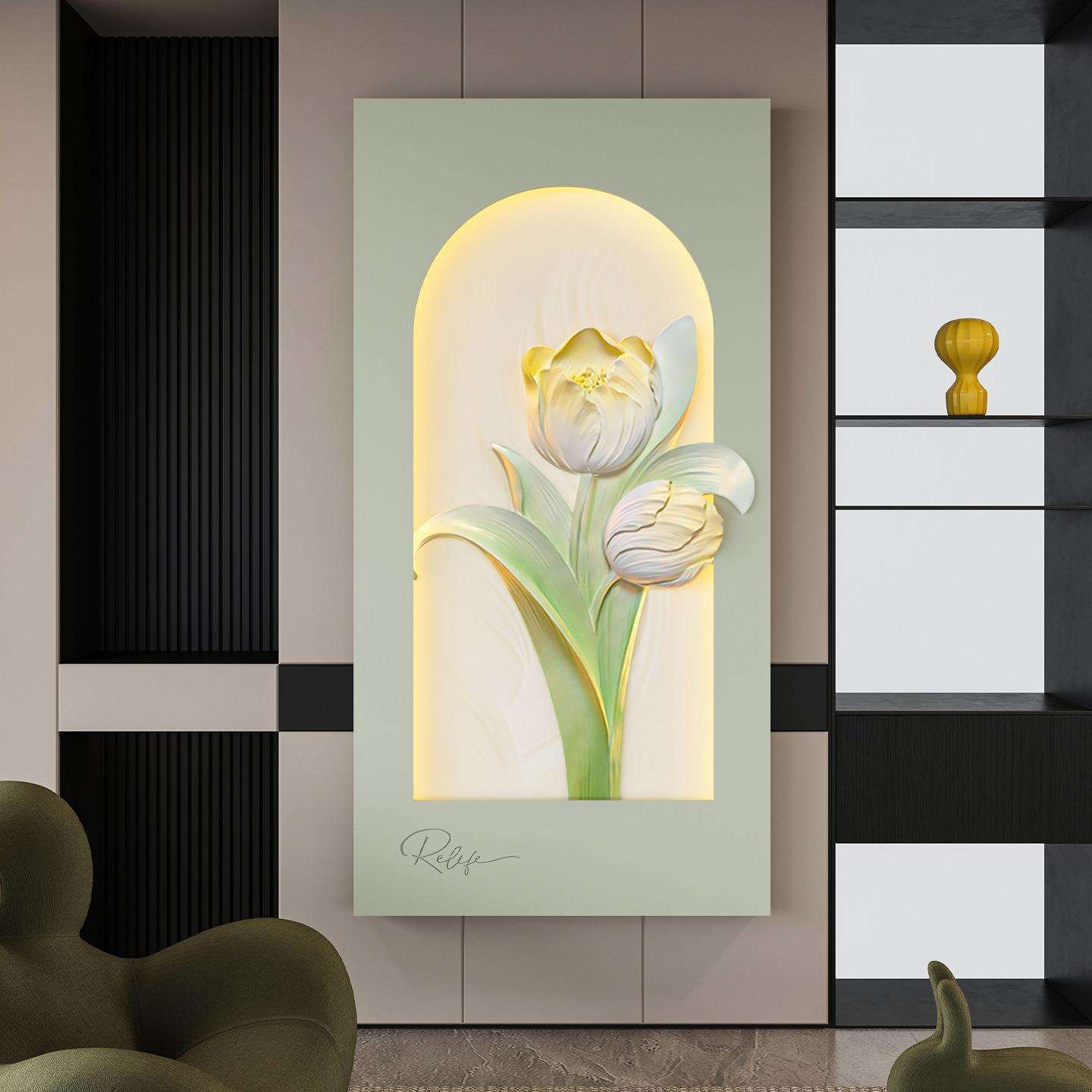新中式郁金香3D立体浮雕家用家居高端走廊过道进门LED灯光装饰画
