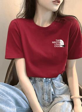 高端复古红色短袖t恤女2025新款夏季纯棉百搭体恤小个子港风ins潮