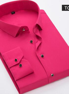 高档春薄夏款长袖衬衫男青年商务职工装业修身纯色黄色衬寸衣工作