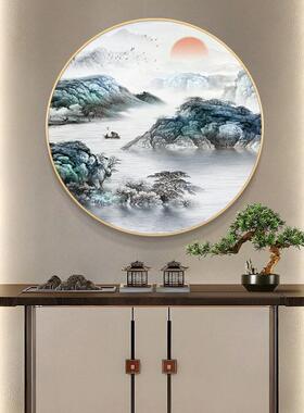 新中式入户玄关装饰画流水生财茶室餐厅挂画圆形水墨山水画壁画