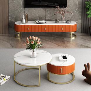北欧小户型大理石圆形茶几简约民宿酒店视听柜客厅电视柜茶几组合