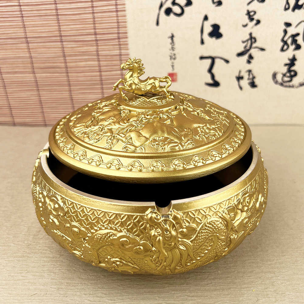 纯黄铜龙马烟灰缸可带盖铜烟缸收纳器家居办公室客厅茶桌中式实心