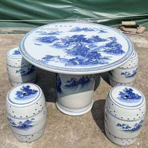 陶瓷桌椅摆件手绘青花缠枝莲大号瓷桌家居户外庭院休闲餐桌
