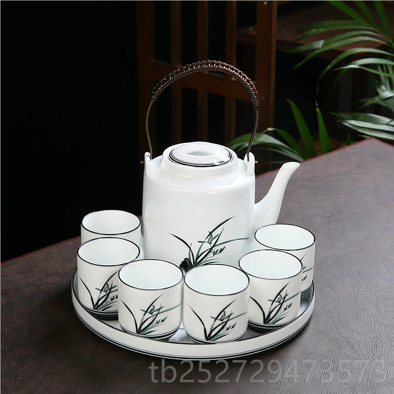 高档手绘提梁壶茶具套2陶瓷家用大容量分茶器.L桥壶1泡茶壶茶装杯