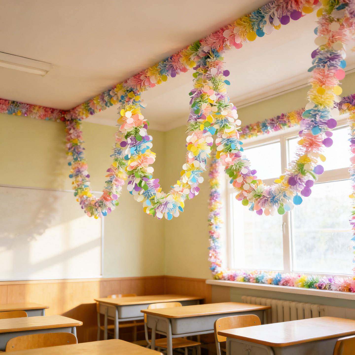 马卡龙毛刷条装饰幼儿园小学校教室六一儿童节生日拉花彩带场景布