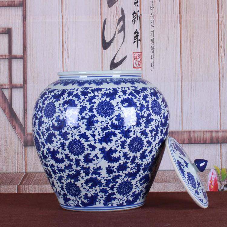 陶瓷米缸酒坛子50斤装釉下彩青花瓷圆罐子带盖密封家居储物缸