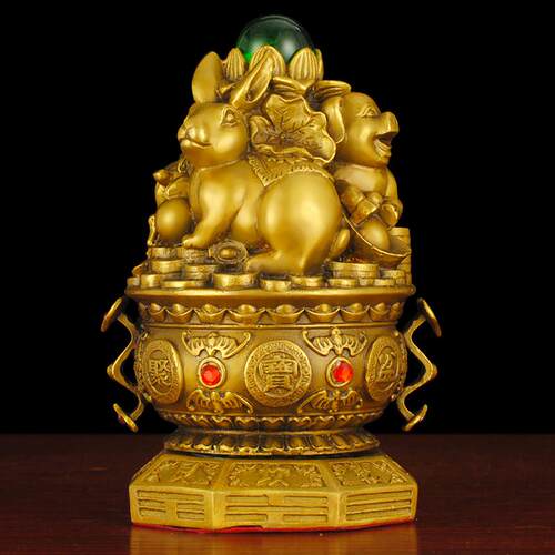 三合生肖摆件纯铜聚宝盆猪兔羊亥卯未三合木局家居吉祥物工艺品