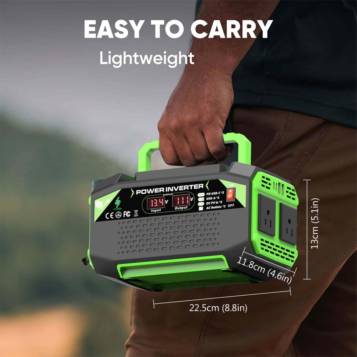300W500W美规逆变器转换12V转110V智能车载逆变器Type-C显示屏USB