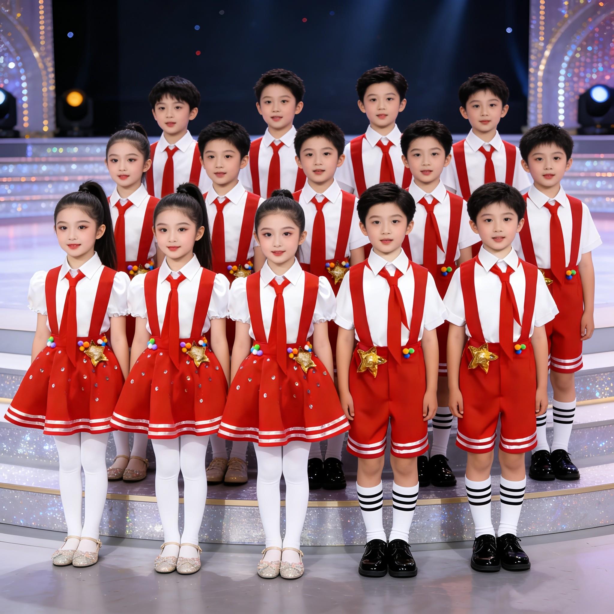 儿童合唱服演出服幼儿园小学生男女童背带裙背带裤红歌朗诵表演服
