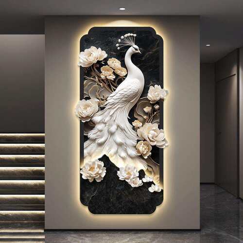 孔雀led带灯轻奢入户玄关装饰画客厅走廊过道挂画现代寓意好壁画