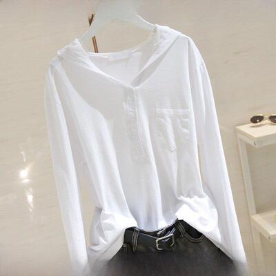 网红连帽t恤女白色长袖ins超火2025春秋宽松显瘦棉质设计感上衣潮