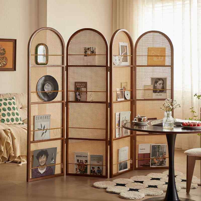 藤编屏风隔断法式中古客厅家用可移动置物架复古日式折叠遮挡书架