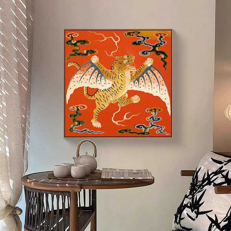 玄如虎画添翼中式关柜挂中国风寓意好方沙画发背景装饰新形墙壁画