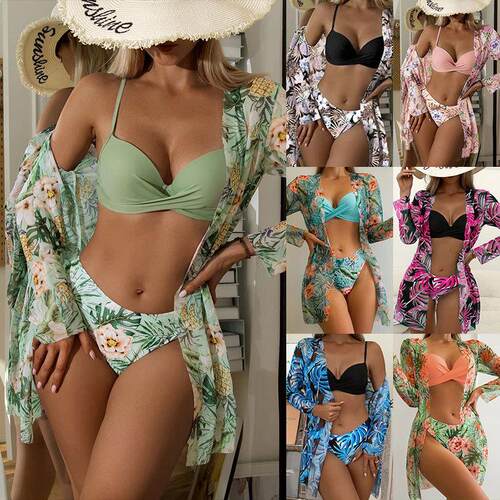 Swimsuit floral bikini top with three print split swimsuit
