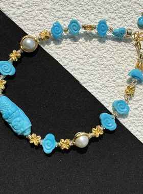 原矿高瓷蓝绿松石多宝手链单圈手串18k金配饰尺寸17.8×7.3×6mm