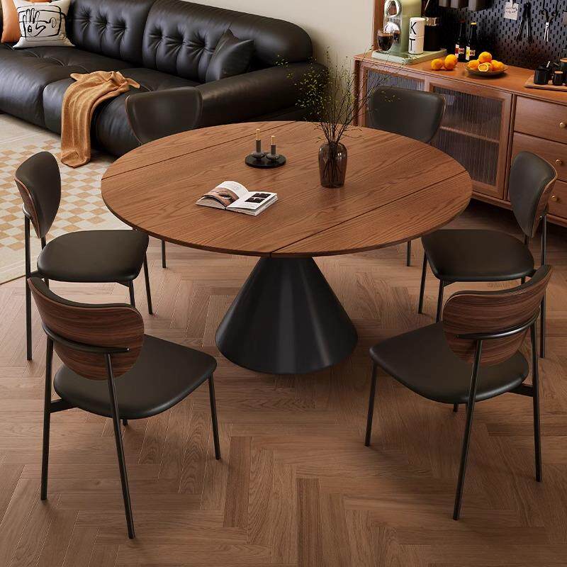 中古风实木餐桌椅组合家用可伸缩复古怀旧方圆两用胡桃色可变圆桌