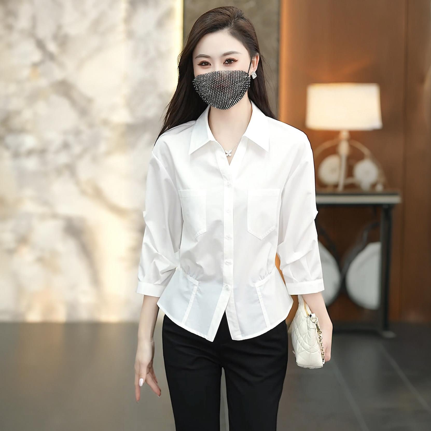 白色设计感七分袖翻领衬衫女2026春夏流行百搭宽松显瘦简约衬衣潮