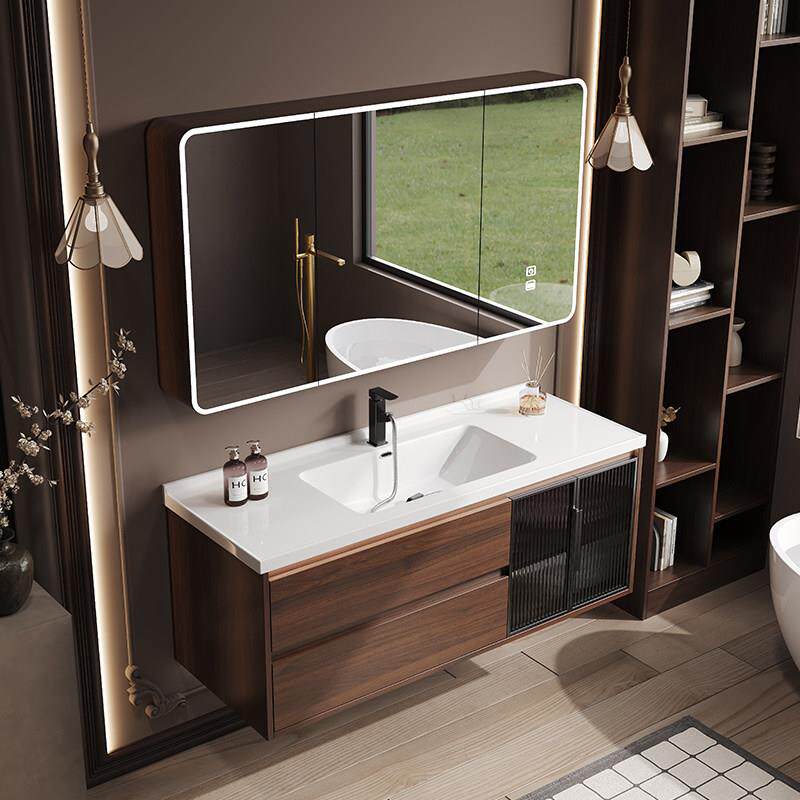 中古风胡桃色实木浴室柜组合陶瓷一体盆卫生间洗漱台洗手洗脸套装