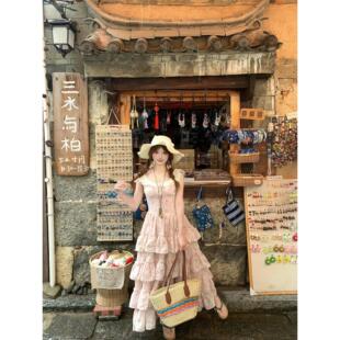 鬼马系少女学院风碎花蓬蓬连衣裙夏季甜美刺绣吊带蛋糕裙收腰长裙