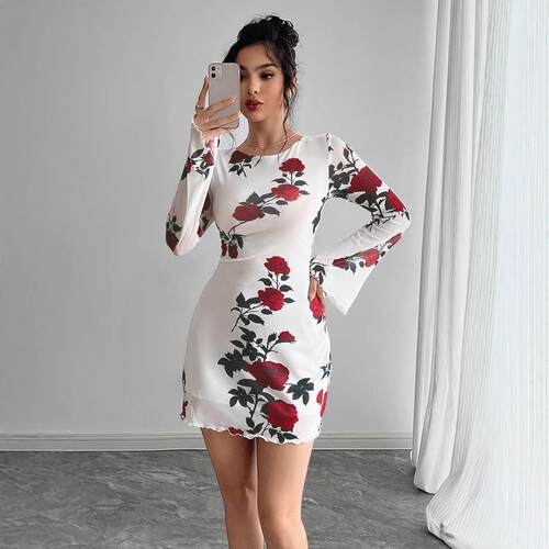 Ladies' floral backless mesh trumpet sleeve mini dress