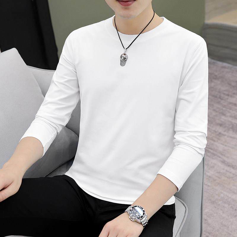 高档男士纯棉白色打底衫新款秋冬圆领修身加绒加厚保暖长袖T恤男