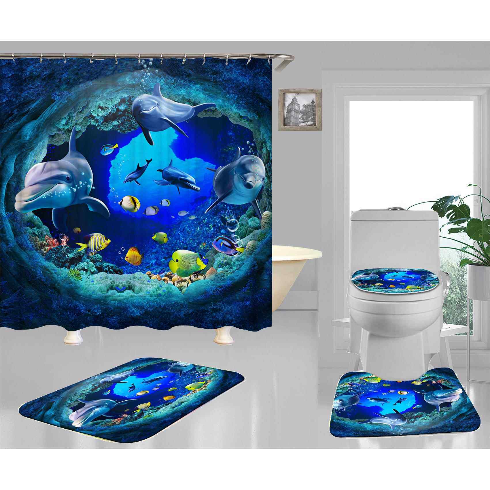 海洋数码印花浴帘3D海豚浴室帘子防水挂帘涤纶隔断帘海底生物