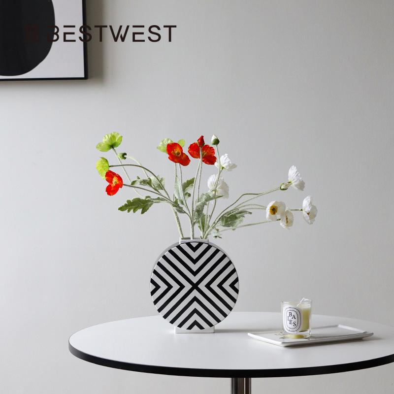 大秀家居 黑白棋盘格编圆形釉面陶瓷花瓶摆件ins法式家居客厅花