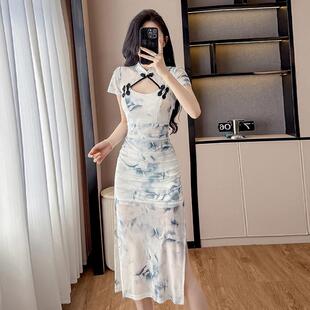 中国风覆古性感剪裁网眼印花改进旗袍连衣裙年轻软技术员工作服