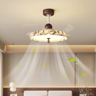 宋式美学餐厅隐形风扇灯中古风吊灯布艺竹叶卧室护眼新中式吊扇灯