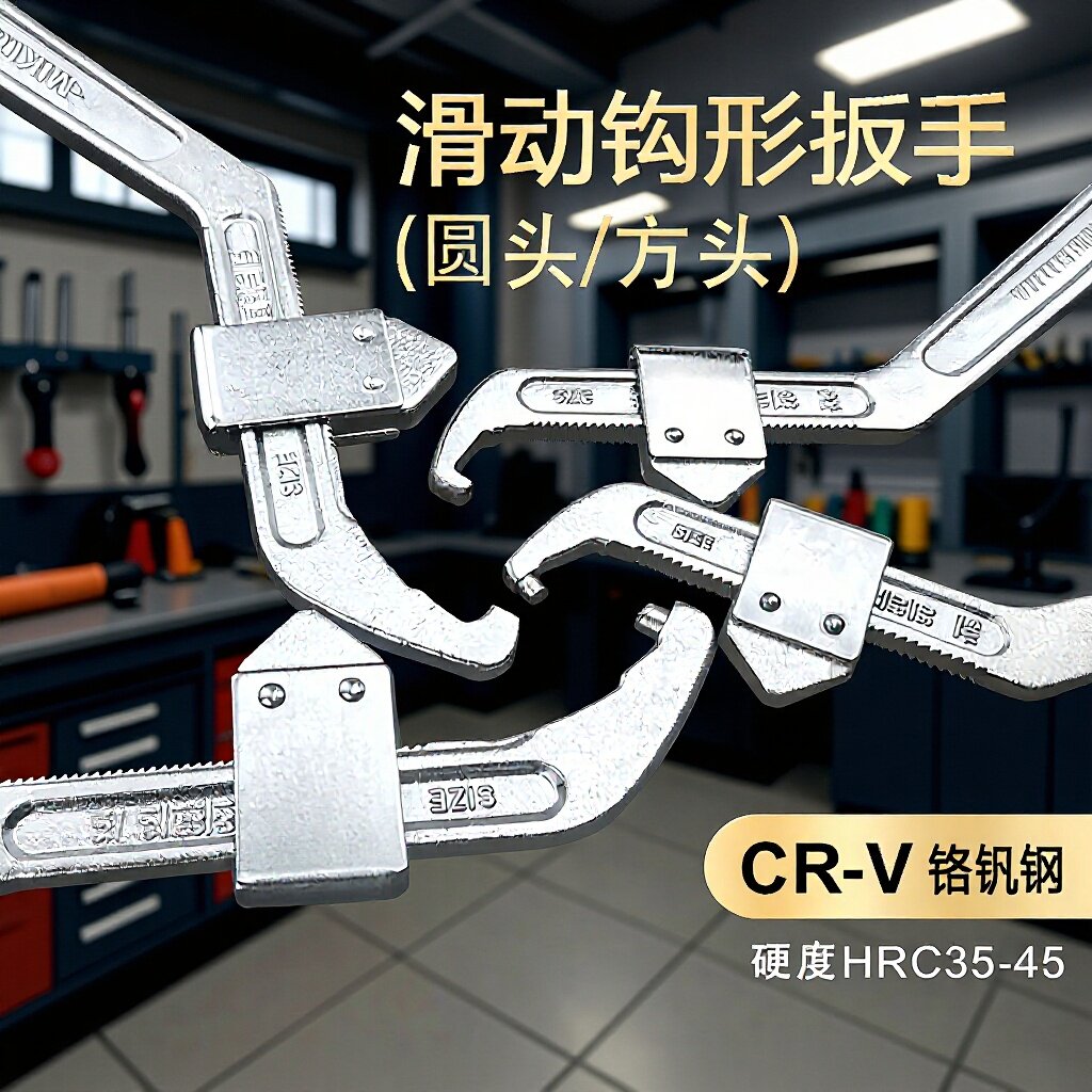 活动钩型扳手卡扣滑块月牙扳手方圆头侧面孔圆螺母拆卸勾形扳手