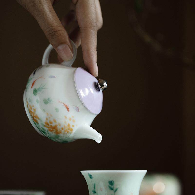 无落景德镇手绘莲花小茶壶陶瓷描白金茶壶小号泡茶壶家用喝茶过滤