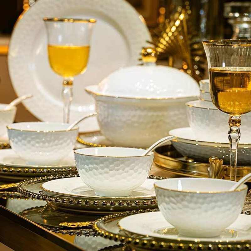 景德镇轻奢陶瓷餐具纯白金边骨瓷碗碟套装家用高档酒店碗筷盘组合