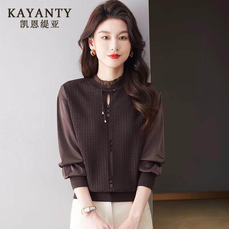 KAYANTY蕾丝针织衫打底衫贵夫人女士新款春秋上衣毛衣洋气显瘦