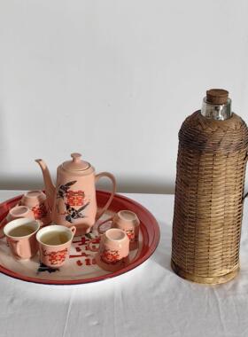 民间旧物品喜鹊茶壶，茶碗，茶盘，竹编暖壶，8090覆古杂项怀旧装
