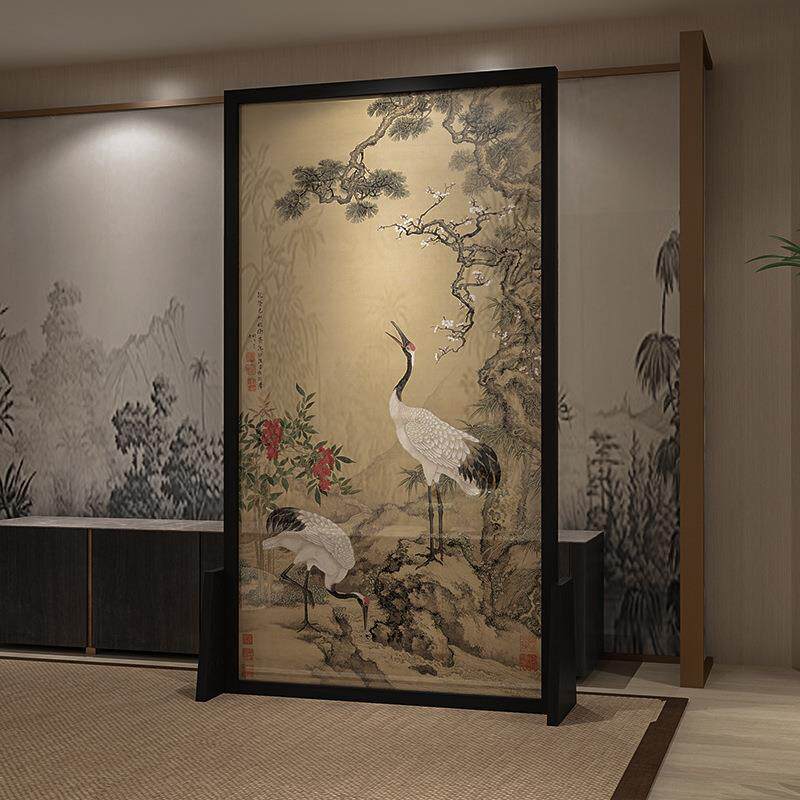新中式入门实木可移动屏风隔断装饰玄关客厅书房座屏松梅双鹤图