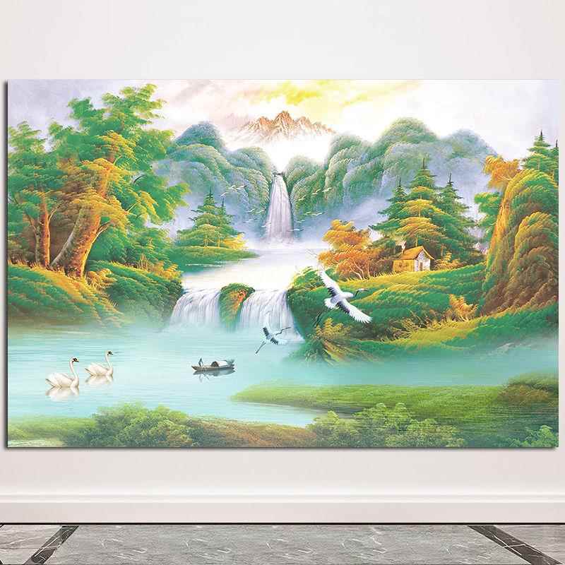 聚宝盆山水风景画现代欧式油画客厅酒店餐厅招财装饰挂画自粘壁画