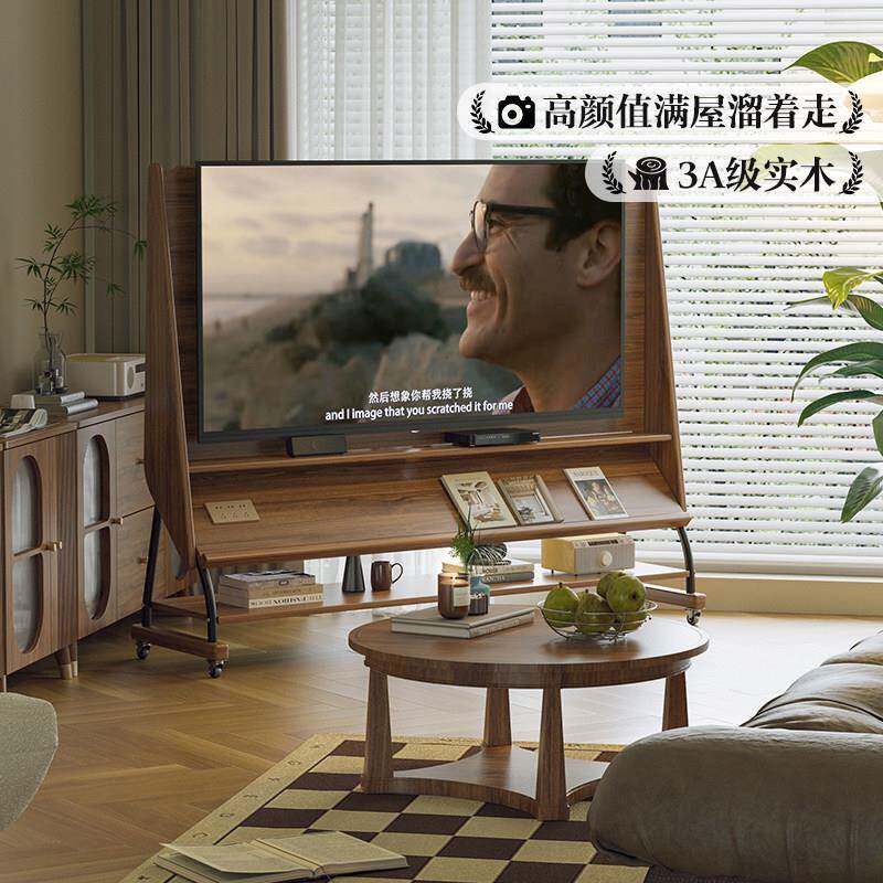 实木可移动电视柜客厅家用小户型中古风2025新款带轮储物电视支架