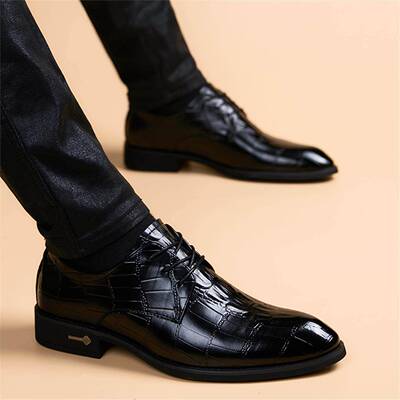 意大利鳄鱼纹尖头真皮鞋男商务正装休闲青年潮流内增高新郎结婚鞋