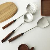 唯物生活 304不锈钢锅铲炒菜铲子胡桃木色手柄锅铲汤勺漏勺套装