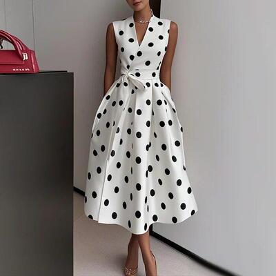 New Women's Polka Dot Dress Sleeveless V-Neck High Waist
