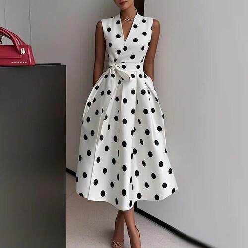 New Women's Polka Dot Dress Sleeveless V-Neck High Waist