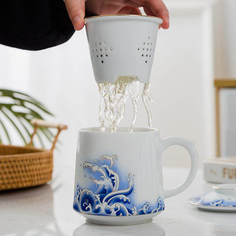 带盖过滤泡茶杯青花瓷茶水分离办公室喝茶杯花茶滤茶水杯子大容量