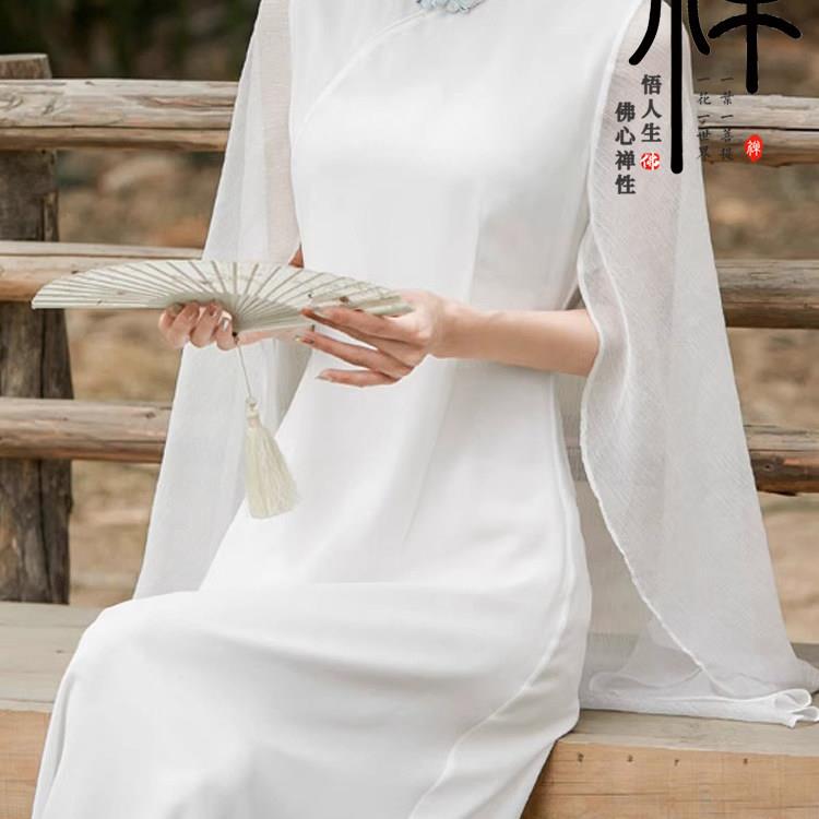 白色仙气疗愈禅服女佛系禅意中国风汉服改良洋装茶服古筝演出服