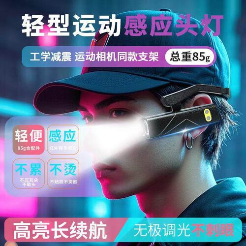 智能感应耳挂式头灯强光可充电夜钓登山夜跑超长续航无极调光多档
