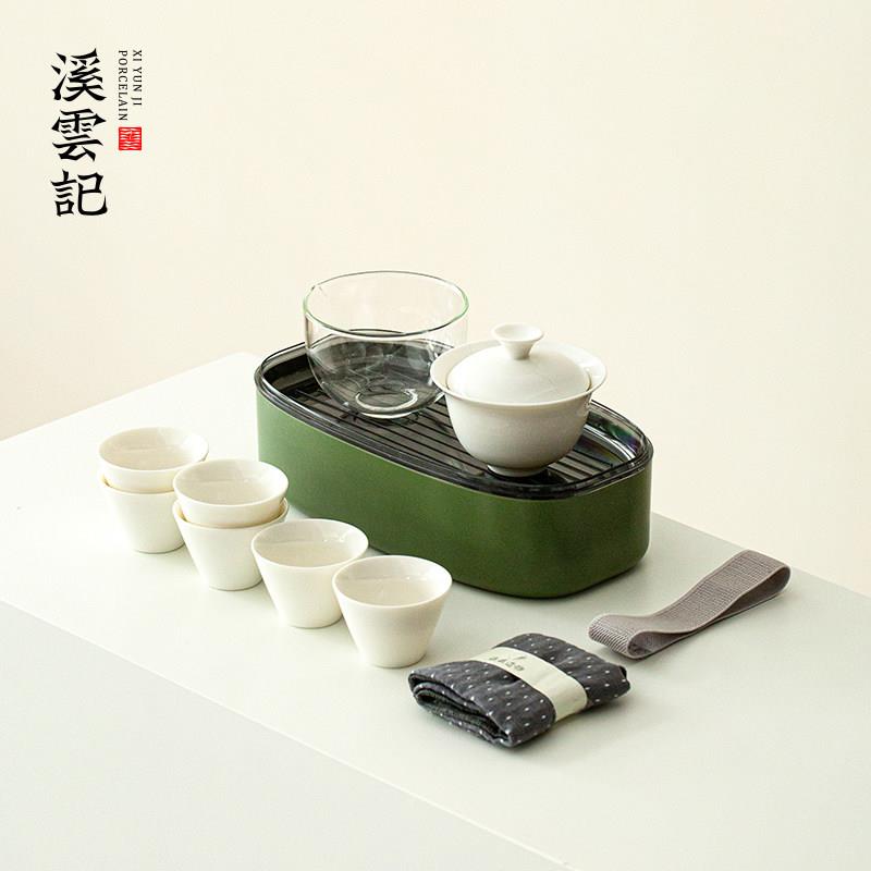 户外旅行功夫茶具套组可携式德化白瓷6杯泡茶专用玻璃茶器带茶盘