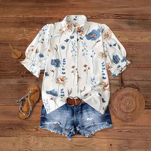 Floral Print Casual Boho Cottagecore Blouse Short Sleeve