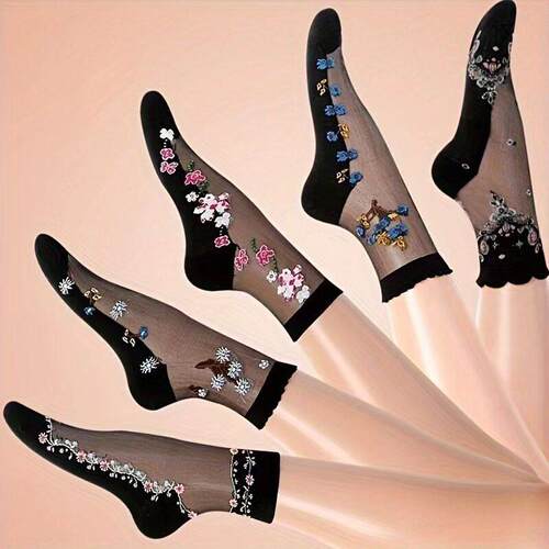 5 Pairs Women's mid-calf crystal silk stockings spring and