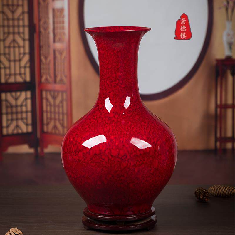 景德镇陶瓷红色花瓶电视柜中式客厅瓷器插花摆件博古架家居装饰品